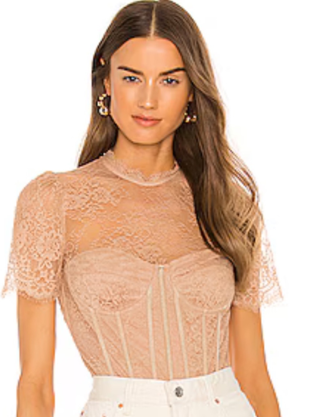 Astr the label- Lacie Lace Sheer Corset bodysuit in Blush size small